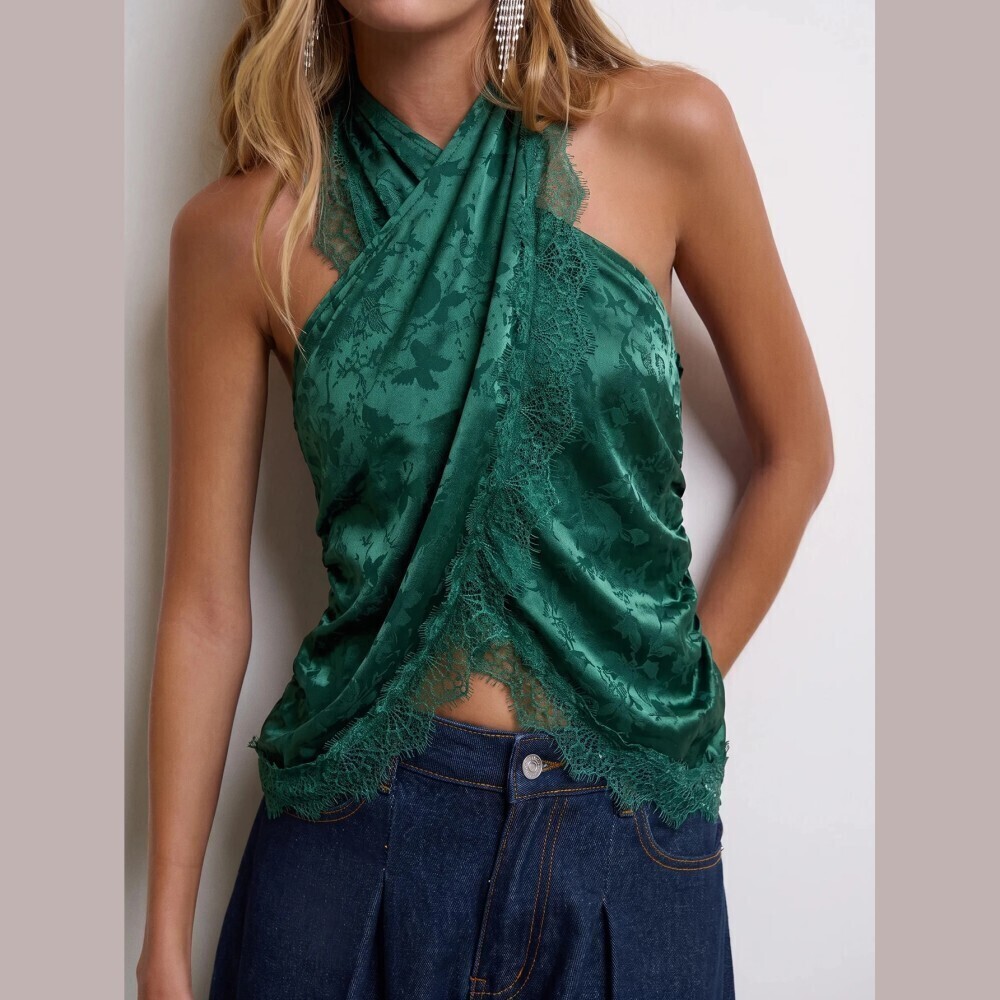 Emerald Green Satin Jacquard Lace Trim Criss-Cross Wrap Halter Top
